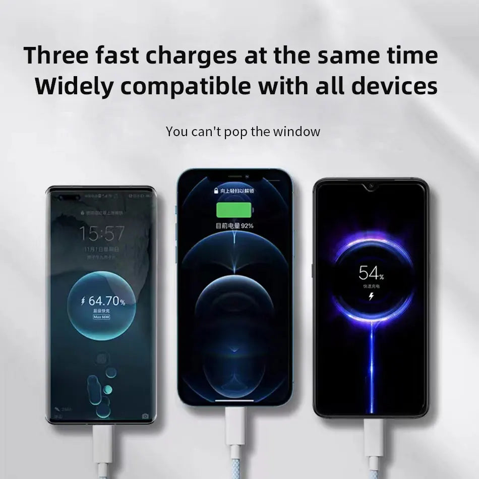 66W 3 In 1 Fast Charging Cable 6A Micro USB Type C Data Cable 1.2M/2M/3M