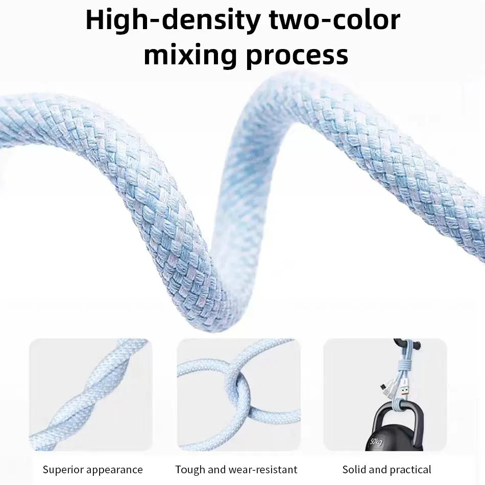 66W 3 In 1 Fast Charging Cable 6A Micro USB Type C Data Cable 1.2M/2M/3M