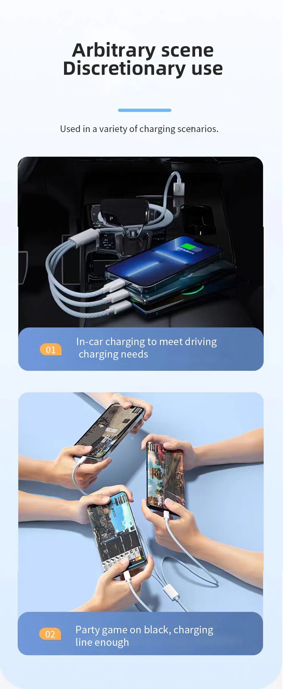 66W 3 In 1 Fast Charging Cable 6A Micro USB Type C Data Cable 1.2M/2M/3M