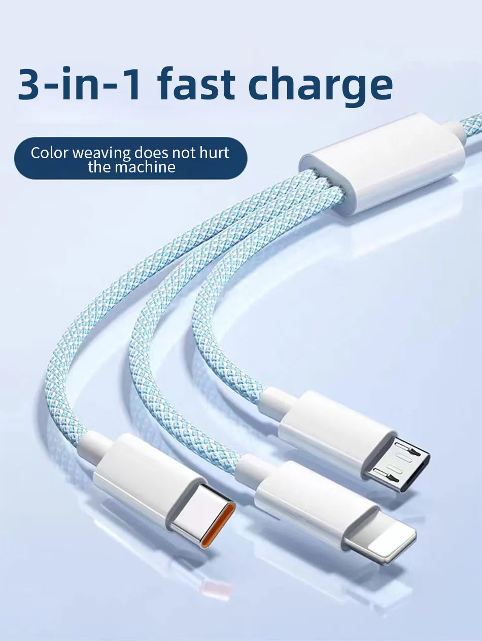 66W 3 In 1 Fast Charging Cable 6A Micro USB Type C Data Cable 1.2M/2M/3M