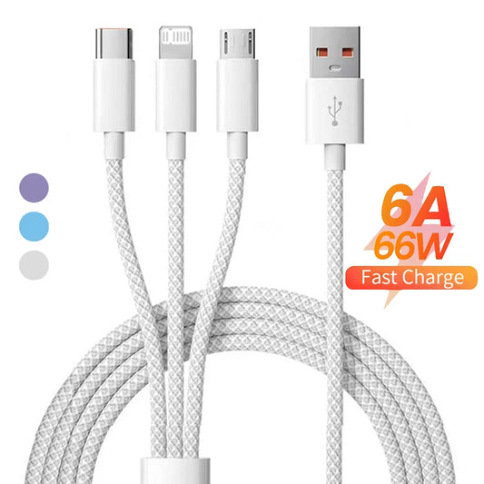 66W 3 In 1 Fast Charging Cable 6A Micro USB Type C Data Cable 1.2M/2M/3M