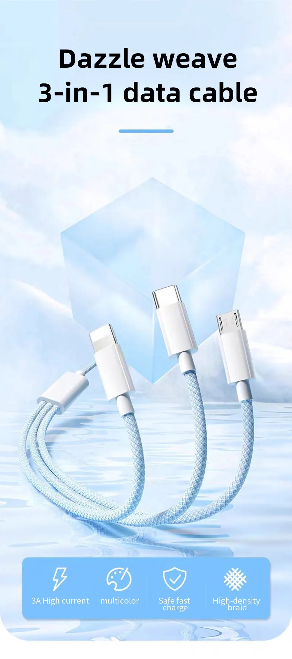 66W 3 In 1 Fast Charging Cable 6A Micro USB Type C Data Cable 1.2M/2M/3M