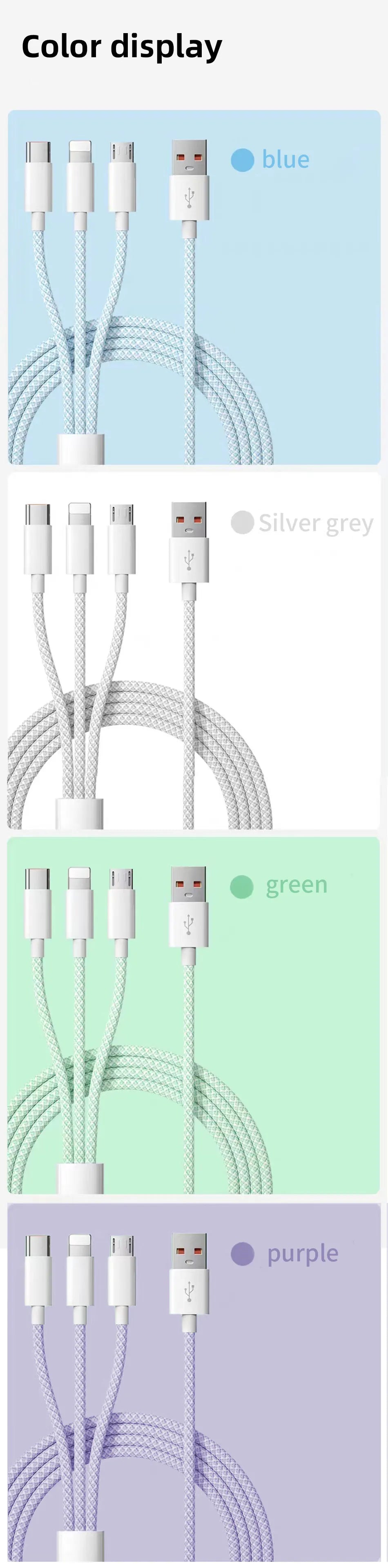 66W 3 In 1 Fast Charging Cable 6A Micro USB Type C Data Cable 1.2M/2M/3M