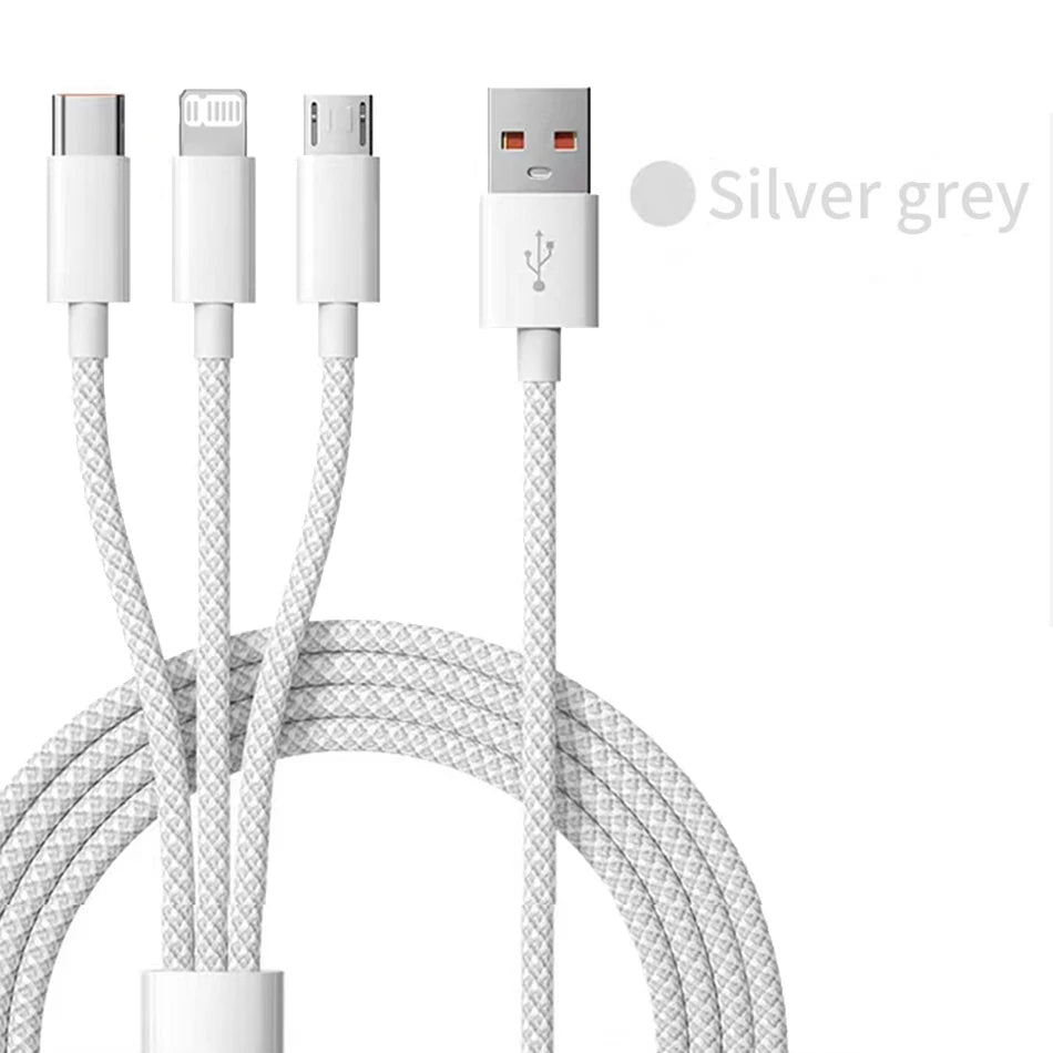 66W 3 In 1 Fast Charging Cable 6A Micro USB Type C Data Cable 1.2M/2M/3M