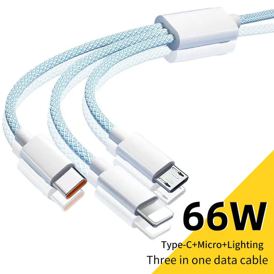 66W 3 In 1 Fast Charging Cable 6A Micro USB Type C Data Cable 1.2M/2M/3M