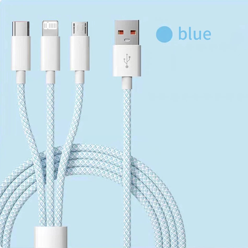 66W 3 In 1 Fast Charging Cable 6A Micro USB Type C Data Cable 1.2M/2M/3M