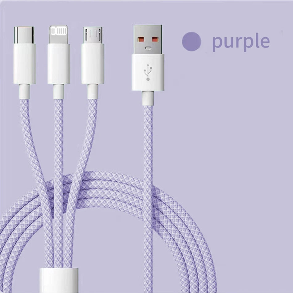 66W 3 In 1 Fast Charging Cable 6A Micro USB Type C Data Cable 1.2M/2M/3M