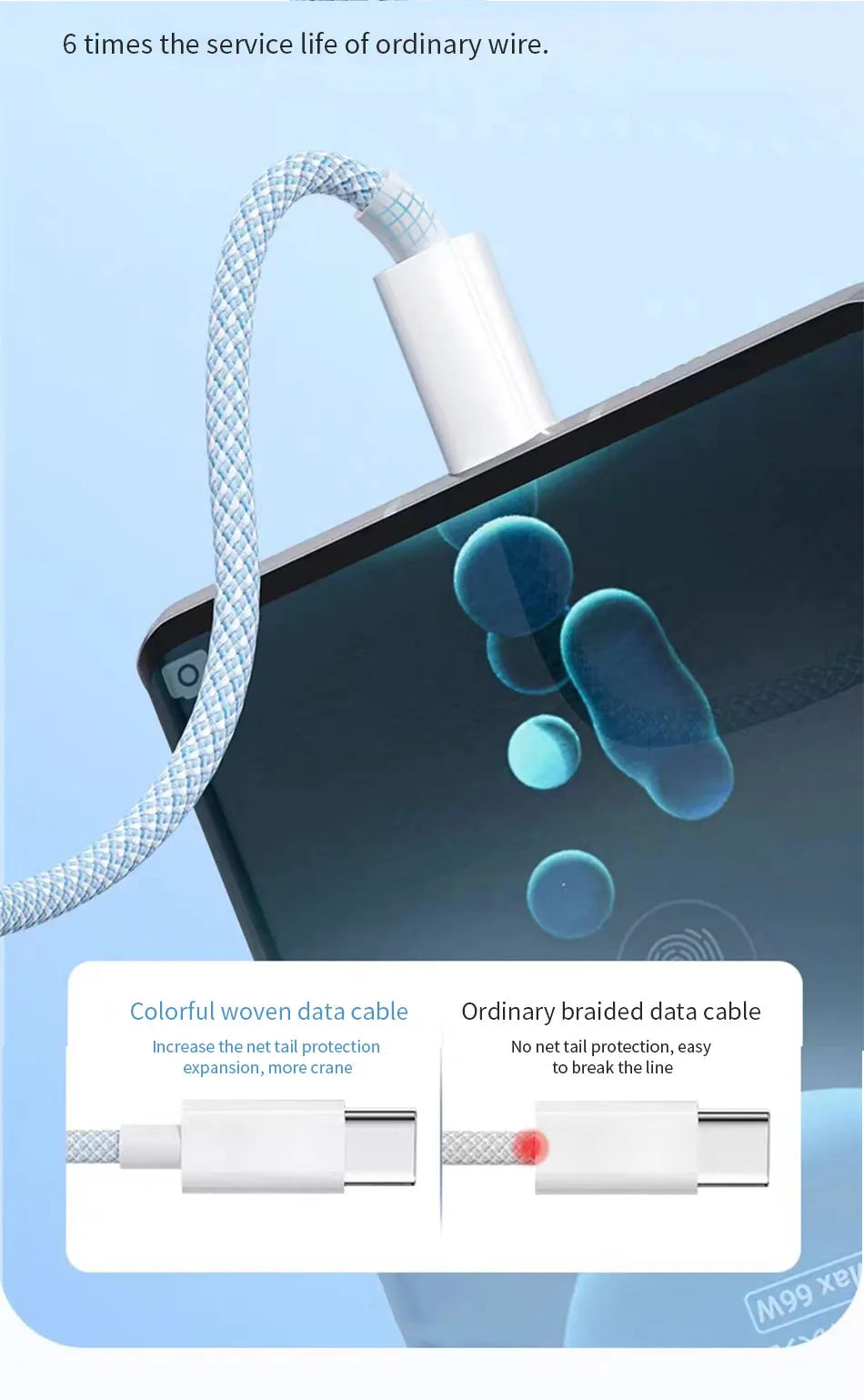 66W 3 In 1 Fast Charging Cable 6A Micro USB Type C Data Cable 1.2M/2M/3M